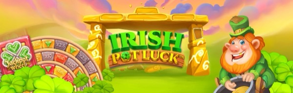 Arte oficial de la tragamonedas Irish Pot Luck de NetEnt, con olla de oro y tréboles irlandeses