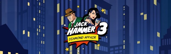 Arte oficial de la tragamonedas Jack Hammer 3 Diamond Affair de NetEnt, con el detective noir Jack Hammer y su compañera Pearl