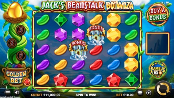 Arte oficial de la tragamonedas Jack's Beanstalk Bonanza de Yggdrasil, con frijol mágico y castillo en las nubes