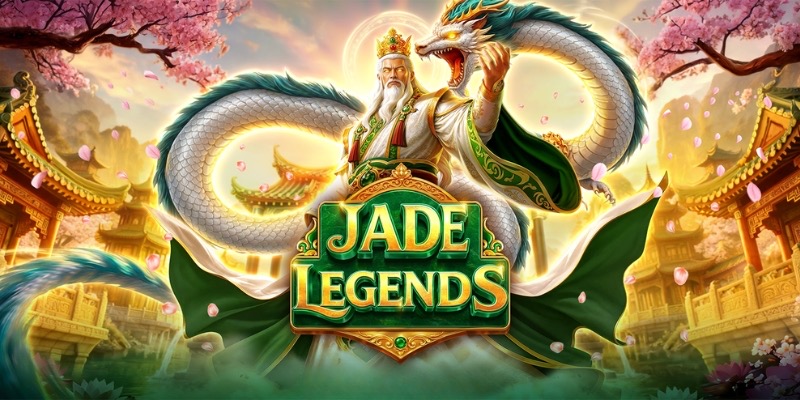 Pantalla de la tragamonedas Jade Legends de Pragmatic Play, con un tablero de 7x7, dragones dorados y elementos de jade