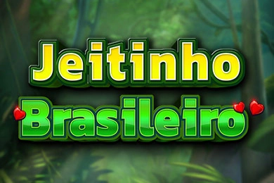 Pantalla de la tragamonedas Jeitinho Brasileiro con símbolos de la bandera de Brasil, balón de fútbol y cocteles tropicales sobre un fondo de selva