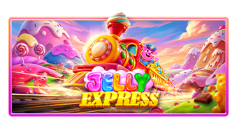 Pantalla de la tragamonedas Jelly Express de Pragmatic Play, con locomotora de gomitas conducida por un osito en un escenario azucarado
