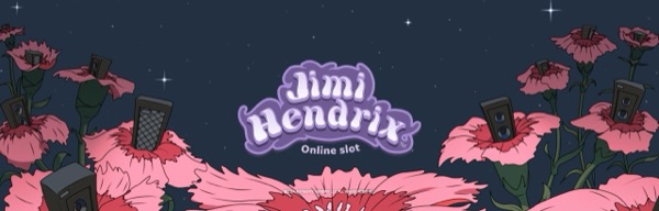 Pantalla de la tragamonedas Jimi Hendrix Online, con el guitarrista en primer plano sobre un fondo psicodélico colorido de los años 60
