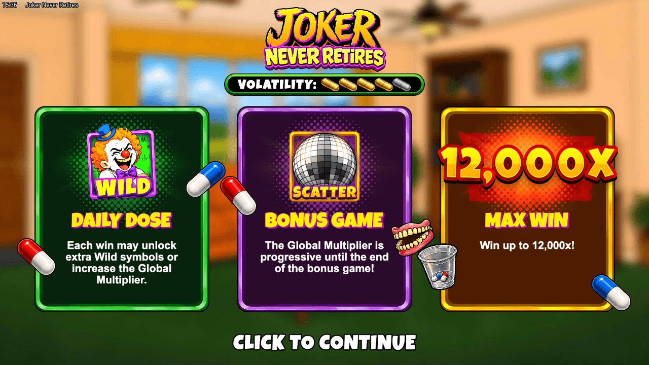 Arte oficial de la tragamonedas Joker Never Retires de Bullshark Games, con un bromista veterano rodeado de símbolos de pastillas y una bola de disco