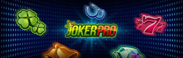 Pantalla de la tragamonedas Joker Pro de NetEnt, con símbolos de comodín, campanas y frutas en estilo neón arcade