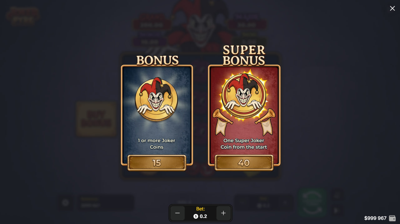Pantalla de la tragamonedas Joker Pyre de InOut Games, con un Joker sonriente en estilo caricatura retro y símbolos de frutas