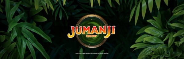 Arte oficial de la tragamonedas Jumanji de NetEnt, con tablero de juego y selva