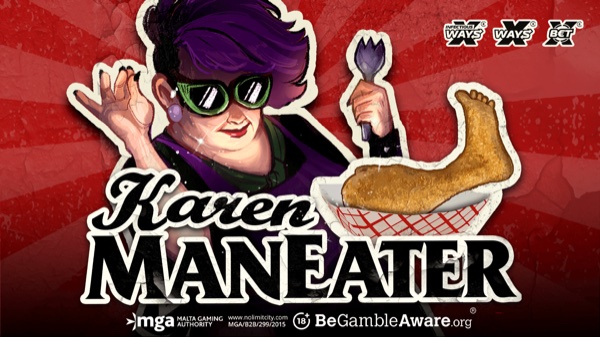 Arte oficial de la tragamonedas Karen Maneater de Nolimit City, con mapaches saqueadores en una ciudad post-apocalíptica