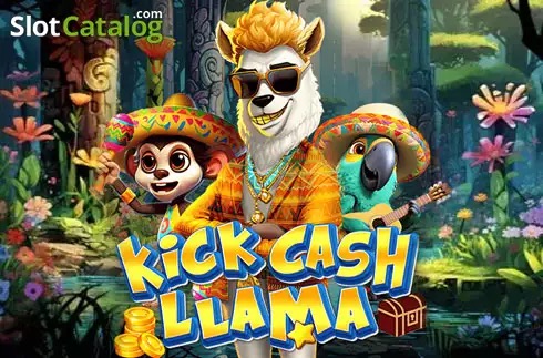 Pantalla de la tragamonedas Kick Cash Llama de KA Gaming, con llamas, loros y changos en un escenario desértico