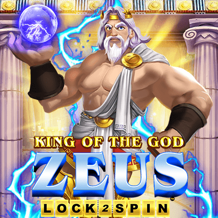 Pantalla principal de la tragamonedas King of the God Zeus Lock 2 Spin, con Zeus y símbolos de rayo dorados sobre fondo azul cielo