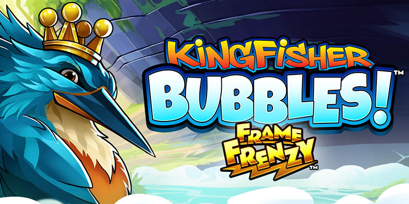 Pantalla de la tragamonedas Kingfisher Bubbles Frame Frenzy V94 de Wishbone Games, con un martín pescador azul y burbujas de efectivo