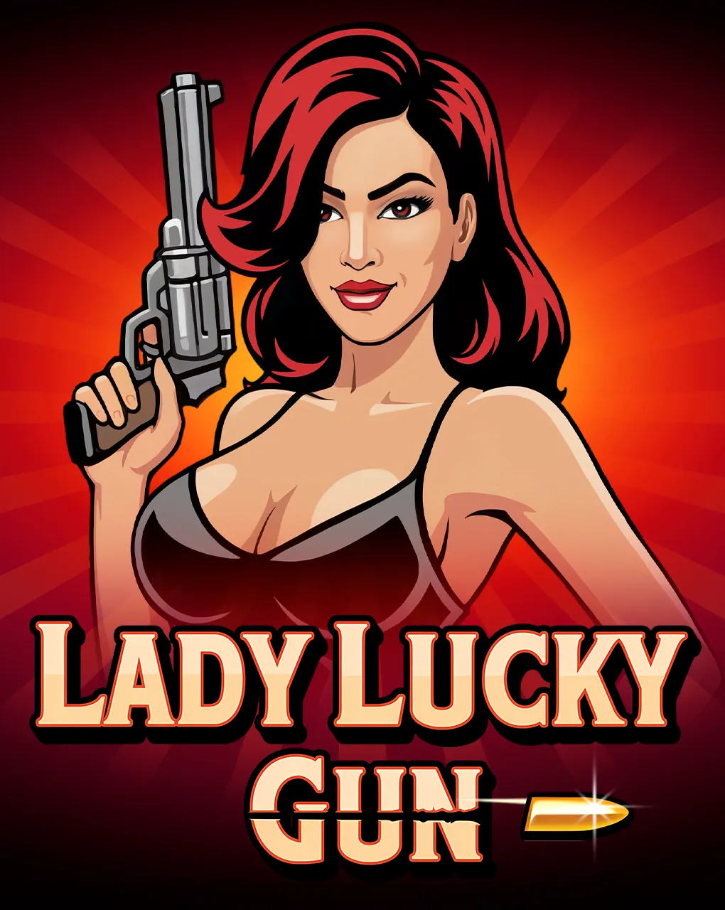 Pantalla de la tragamonedas Lady Lucky Gun de BGaming, con una agente secreta en visual retro estilo años 60/70
