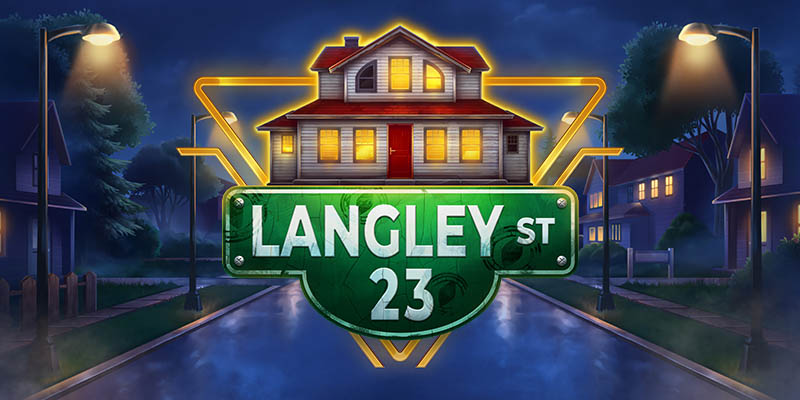 Pantalla de la tragamonedas Langley Street 23 de ELK Studios, con estética de vigilancia estilo VHS y un personaje investigando una conspiración de barrio