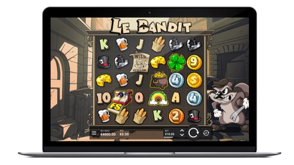 Arte oficial de la tragamonedas Le Bandit de Hacksaw Gaming, con un mapache ladrón en un escenario parisino nocturno