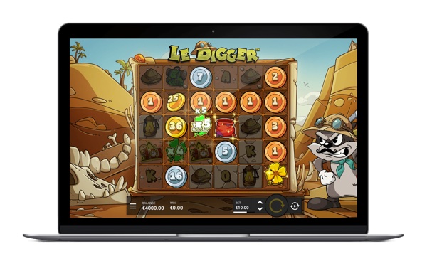 Pantalla de la tragamonedas Le Digger de Hacksaw Gaming con el minero Smokey excavando capas de roca en busca de oro y gemas