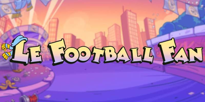 Arte de la tragamonedas Le Futebol de Hacksaw Gaming, con el mapache Smokey echando porras afuera de un estadio de fútbol
