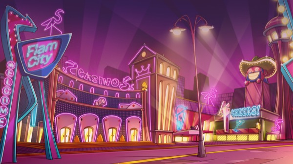 Pantalla de Le King mostrando a Smokey the Raccoon vestido de Elvis en un escenario neón de Las Vegas, con Golden Squares destacadas en la cuadrícula 6x5