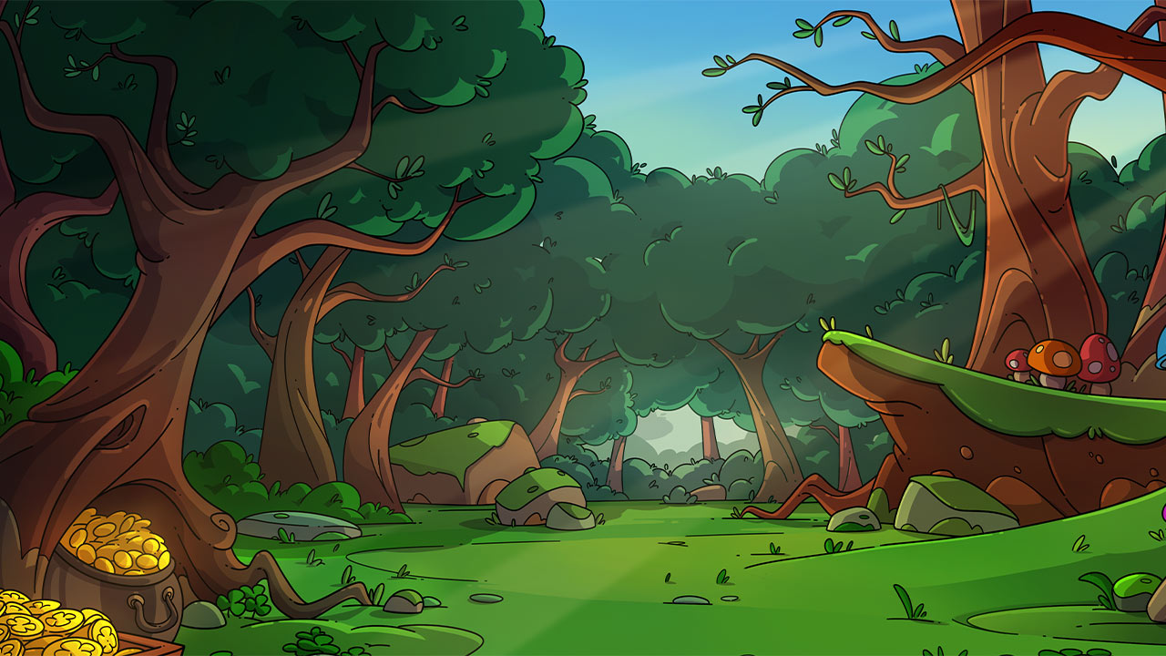 Pantalla de Le Prechaun con Smokey the Raccoon disfrazado de leprechaun en un bosque encantado, rodeado de ollas de oro y tréboles en la cuadrícula 6x5