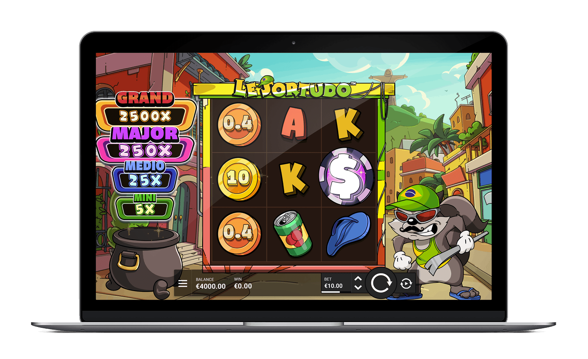 Cuadrícula 3x3 de la tragamonedas Le Sortudo, con el mapache Smokey en un escenario de calle colorida en Brasil, rodeado de monedas y marcadores de jackpot