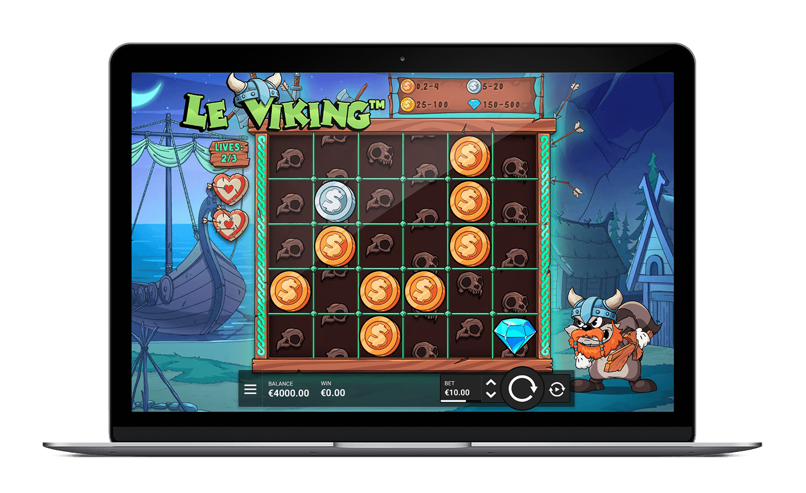 Pantalla de la tragamonedas Le Viking de Hacksaw Gaming con aldea vikinga, barco drakkar anclado y el mapache Smokey vestido de guerrero