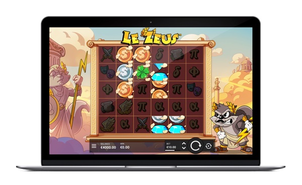 Arte oficial de la tragamonedas Le Zeus de Hacksaw Gaming, con Zeus y rayos en estilo caricatura