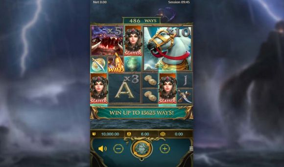 Pantalla de la tragamonedas Legend of Perseus de PG Soft, con el héroe griego Perseo y un monstruo marino de múltiples ojos
