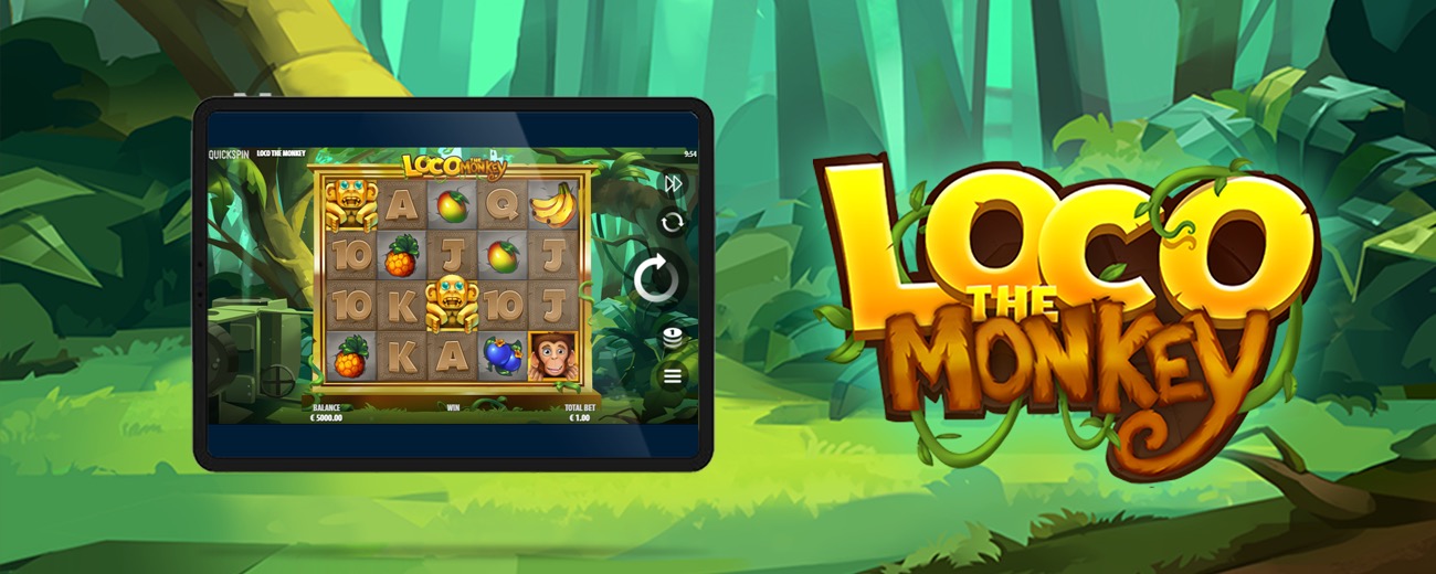 Arte oficial de la tragamonedas Loco the Monkey de Quickspin, con un mono en medio de una selva tropical