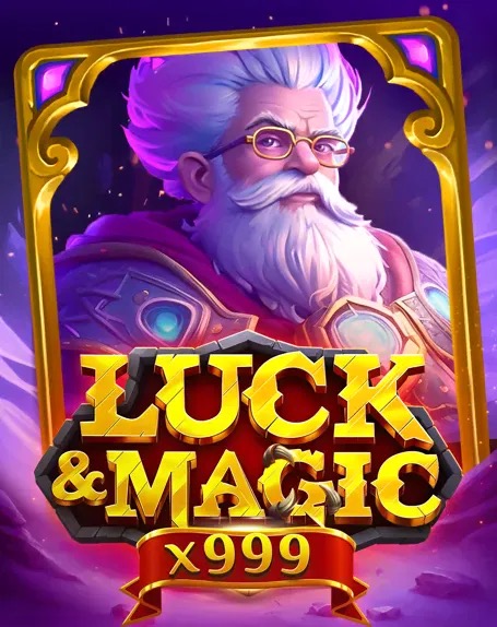 Arte oficial de la tragamonedas Luck and Magic de BGaming, con un mago y criaturas fantásticas sobre cartas boca abajo