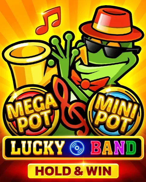 Arte oficial de la tragamonedas Lucky Band Hold and Win de 1spin4win, con banda tocando en vivo en un bar de playa retro