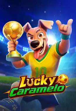 Perro caramelo en una cancha de cascaritas en los rodillos de la tragamonedas Lucky Caramelo