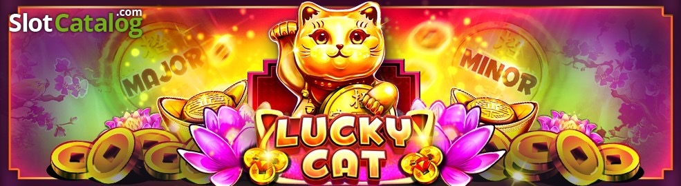 Pantalla de la tragamonedas Lucky Cat de Platipus Gaming, con el gato de la suerte dorado y monedas de bono sobre fondo asiático