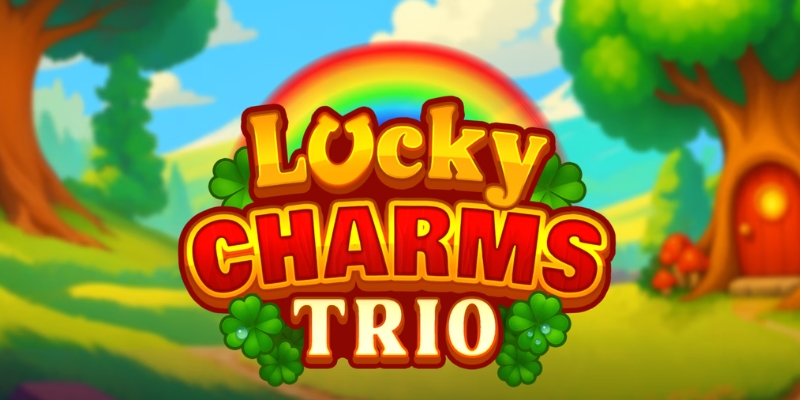 Pantalla de la tragamonedas Lucky Charms Trio de BoomingGames, con tréboles de cuatro hojas, herraduras doradas y un duende sonriente sobre colinas verdes