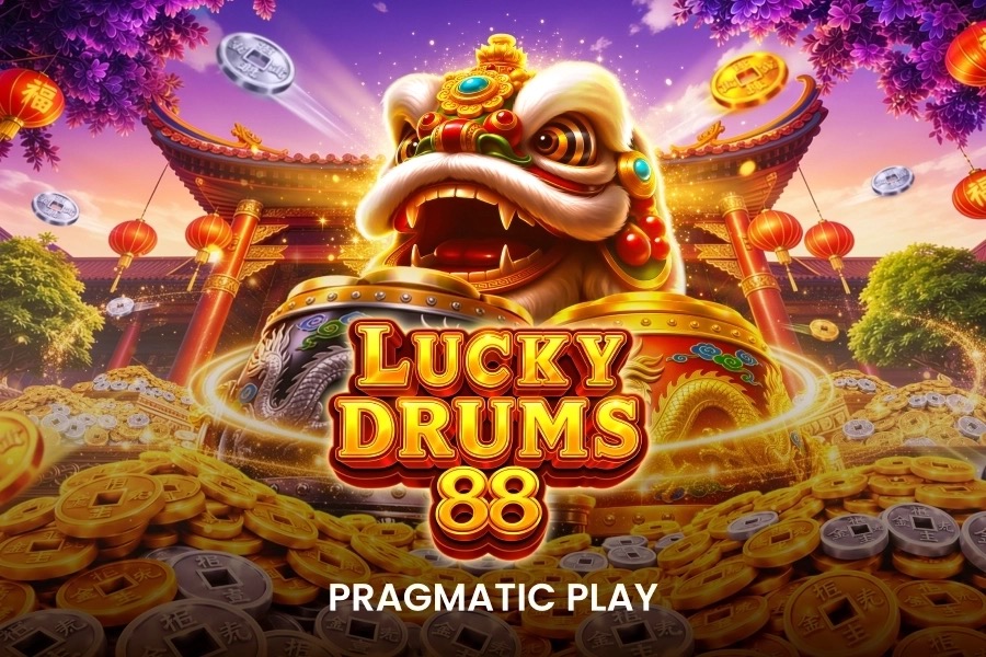 Pantalla de la tragamonedas Lucky Drums 88 de Pragmatic Play, con tambores dorados, dragones y monedas en una cuadrícula de 5x5