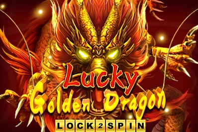 Arte oficial de la tragamonedas Lucky Golden Dragon Lock 2 Spin de KA Gaming, con dragones chinos dorados y símbolos de suerte oriental