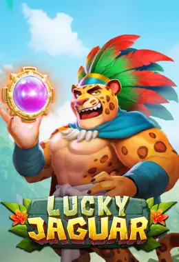 Pantalla de la tragamonedas Lucky Jaguar con el dios-jaguar azteca de penacho emplumado, ruinas de templo y cuadrícula 3x3 en una selva mesoamericana