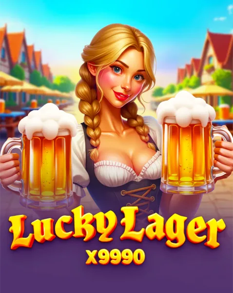 Arte oficial de Lucky Lager x9990 con una mesera de jardín cervecero estilo Oktoberfest sosteniendo dos tarros de cerveza