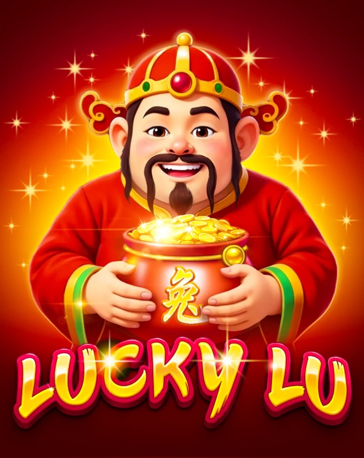 Arte oficial de la tragamonedas Lucky Lu de BGaming, con el Tío Lu y símbolos de fortuna china como dragones y linternas