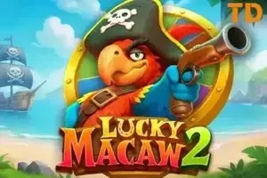 Pantalla de la tragamonedas Lucky Macaw 2 de TaDa Gaming, con un barco pirata, cofres del tesoro y un guacamayo como símbolo principal
