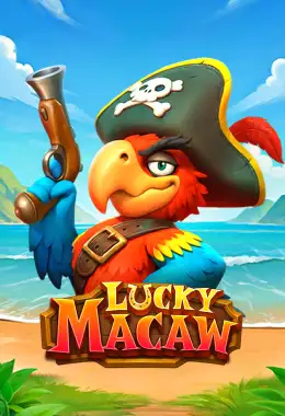 Pantalla de la tragamonedas Lucky Macaw de TaDa, con mascota de guacamaya en escenario tropical de barco pirata y sacos de monedas del Hold & Win