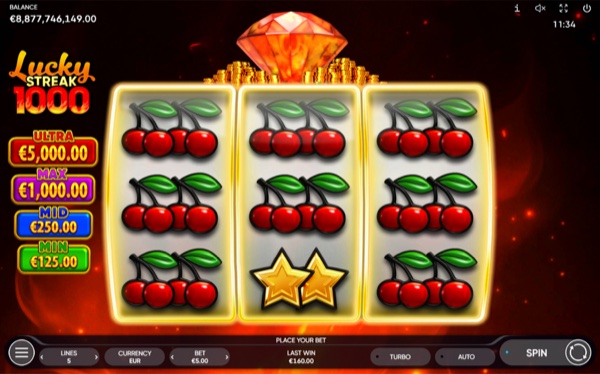Arte oficial de la tragamonedas Lucky Streak 1000 de Endorphina, con mina de rubíes y cuadrícula 3x3