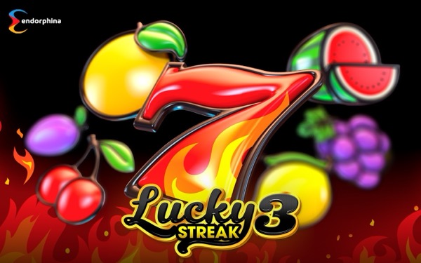 Arte oficial de la tragamonedas Lucky Streak 3 de Endorphina, con símbolos clásicos de frutas y llamas sobre fondo oscuro