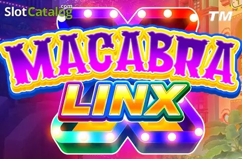 Arte oficial de la tragamonedas Macabra Linx, con calaveras y decoración de Día de Muertos en un pueblo mexicano