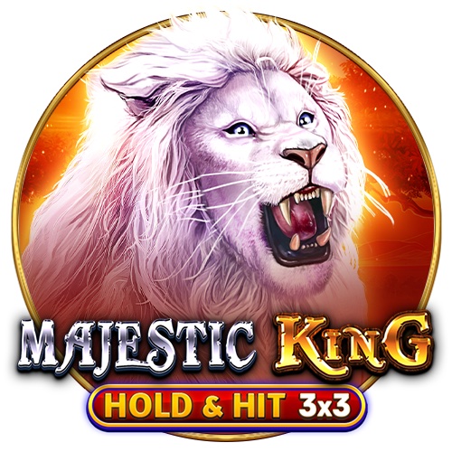 Pantalla de la tragamonedas Majestic King - Hold & Hit 3x3 con león, cebra y símbolos de bono en el tablero compacto