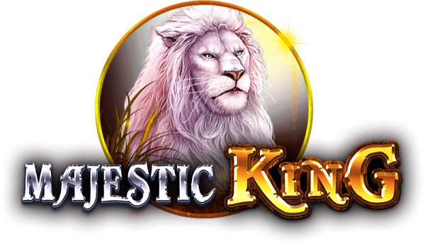 Arte oficial de la tragamonedas Majestic King de Spinomenal, con león rey de la sabana africana
