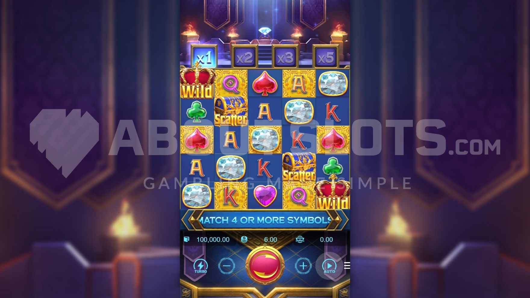 Pantalla de la tragamonedas Majestic Treasures de PG Soft, con un palacio dorado, diamantes y símbolos de joyas