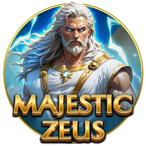 Pantalla de la tragamonedas Majestic Zeus, con Zeus en el Monte Olimpo entre columnas griegas, cascadas y un wild apilado dorado
