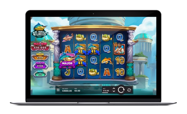 Escena de la tragamonedas Marlin Masters Atlantis, de Hacksaw Gaming, mostrando el reino sumergido de Atlántida con arquitectura de mármol y estatuas de Poseidón
