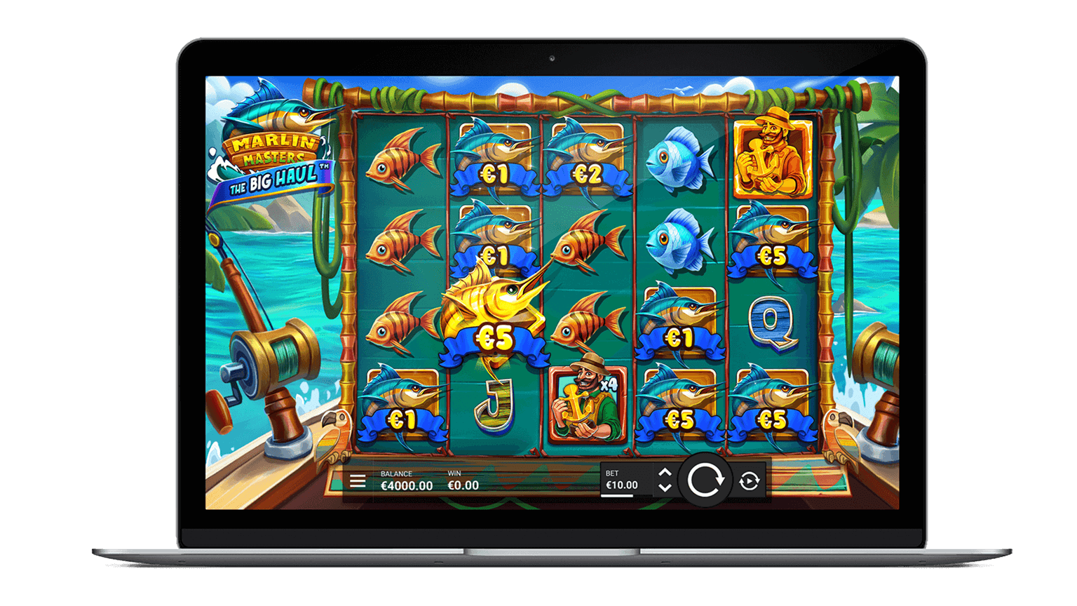 Pantalla de la tragamonedas Marlin Masters The Big Haul de Hacksaw Gaming, con un pescador en un escenario tropical de aguas turquesa cazando un marlín gigante