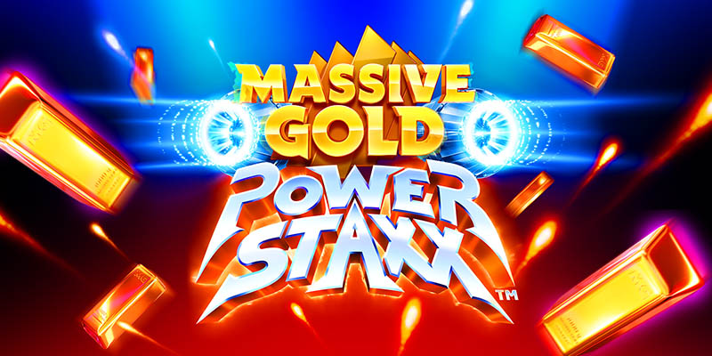 Pantalla de la tragamonedas Massive Gold Power Staxx V94 de Snowborn Games, con un caza futurista, barras de oro y un panel de multiplicador Mach Booster