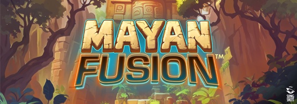 Arte oficial de la tragamonedas Mayan Fusion de Slingshot Studios, con máscaras mayas y un templo en la selva bajo un cielo estelar